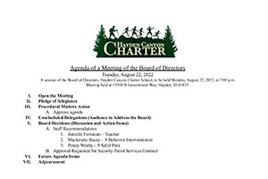 Board Meeting Agenda 8/22/2022 | Hayden Canyon Charter