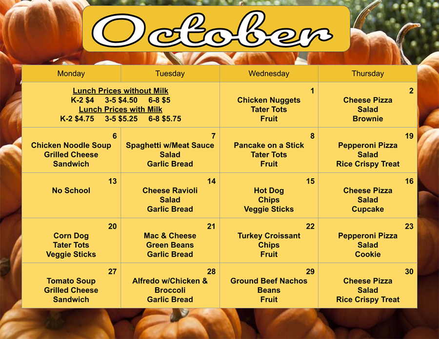 October Calendar 2025 Lunch Menu | October 2025 | Hayden Canyon Charter