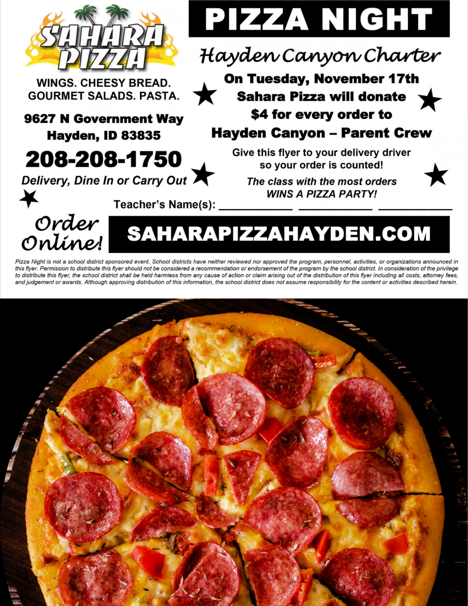Sahara Pizza Dine Out Fundraiser | November 17th | Hayden Canyon Charter